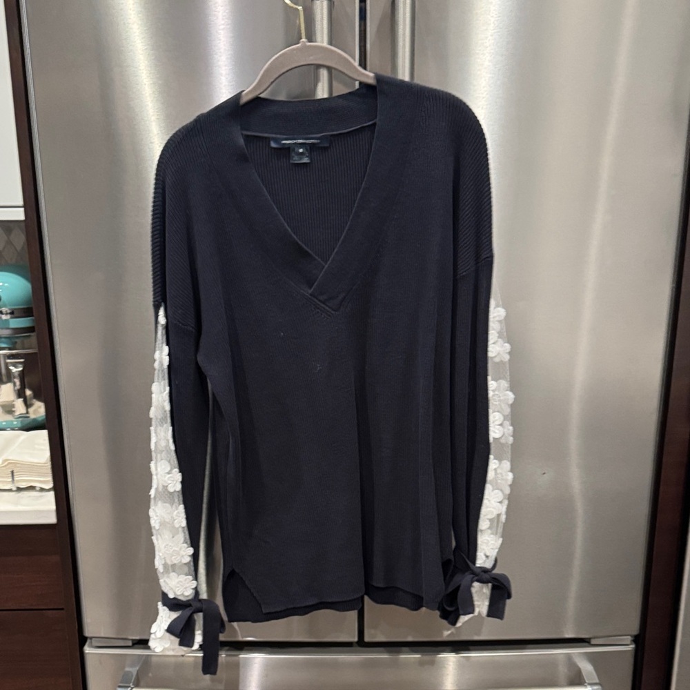 French Connection Black V-Neck Sweatshirt with White Floral Sleeves